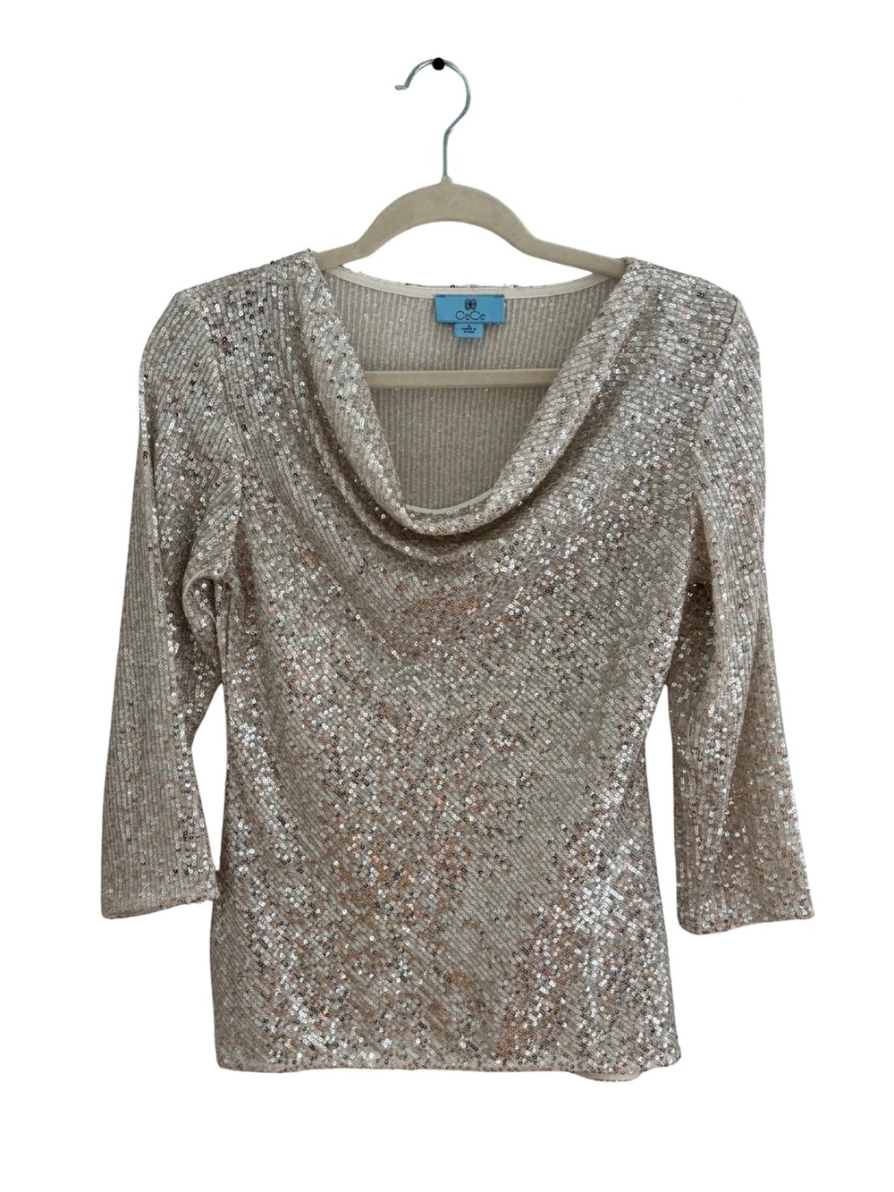 CeCe Silver Sequin Cowl Neck Sweater